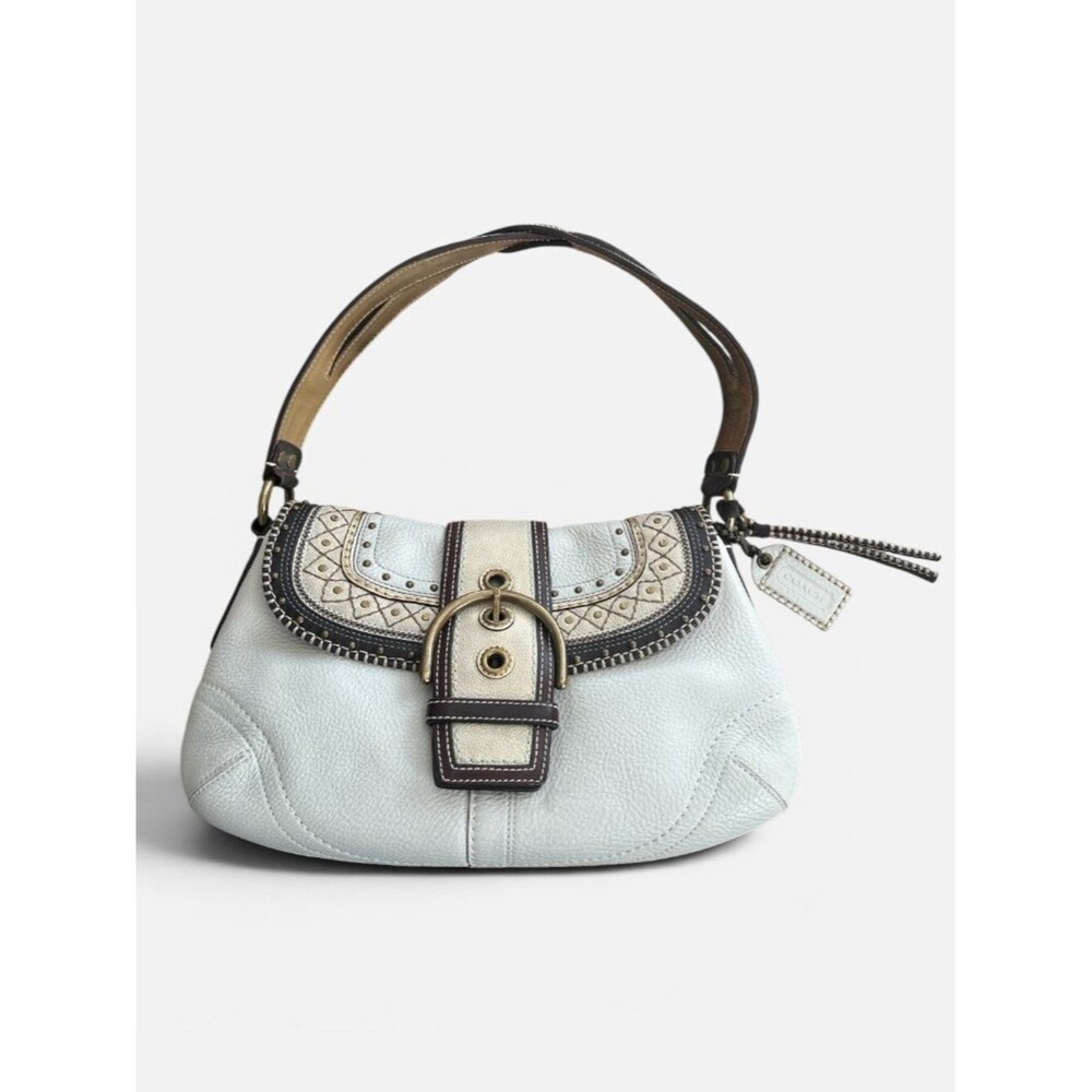 VTG Coach Soho Leather Y2K Studded Stitched Shoulder Flap Bag Chalk 10479